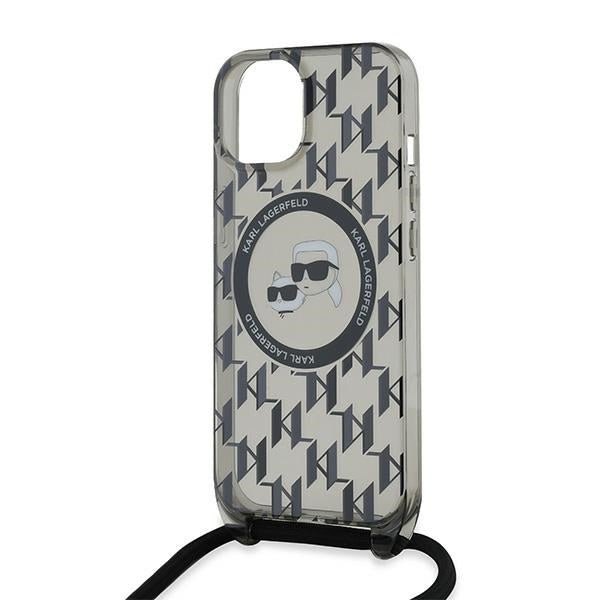 Karl Lagerfeld iPhone 15 / 14 / 13 - IML Crossbody Monogram Karl and Choupette Head - MagSafe Σκληρή Θήκη με Πλαίσιο Σιλικόνης και Λουράκι - Black - KLHMP15SHCKCKLCK