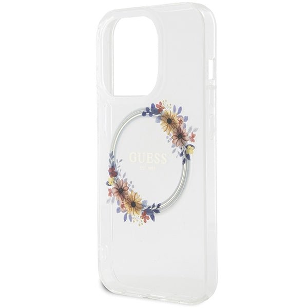 Guess iPhone 15 Pro IML Flowers Wreatch MagSafe Σκληρή Θήκη με Πλαίσιο Σιλικόνης και MagSafe - Διάφανη - GUHMP15LHFWFCT