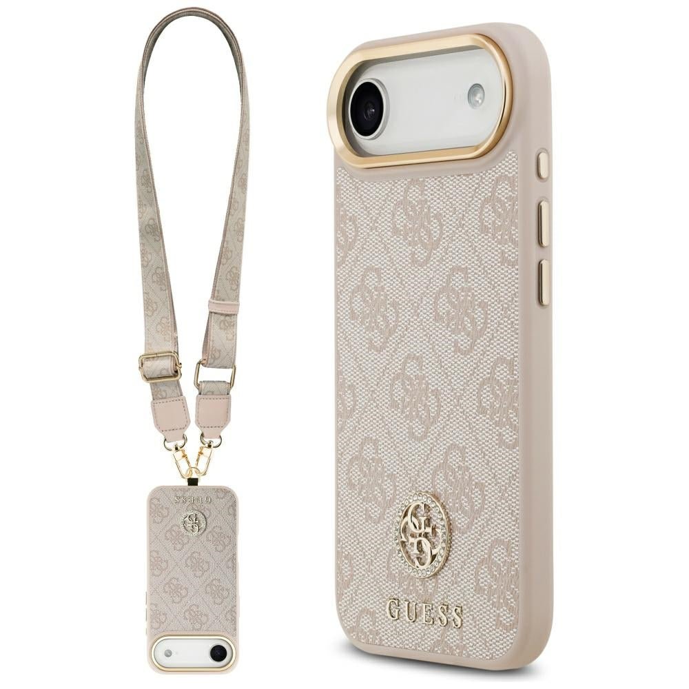 Guess iPhone Air - 4G Strass Logo and Big Strap Metal Buttons MagSafe - Θήκη με Επένδυση Συνθετικού Δέρματος και Λουράκι - Pink - GUHMP17MP4G4DCSP