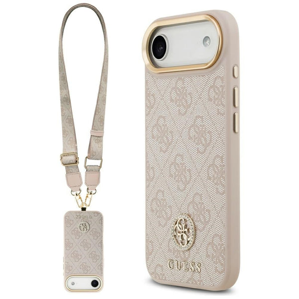 Guess iPhone Air - 4G Strass Logo and Big Strap Metal Buttons MagSafe - Θήκη με Επένδυση Συνθετικού Δέρματος και Λουράκι - Pink - GUHMP17MP4G4DCSP