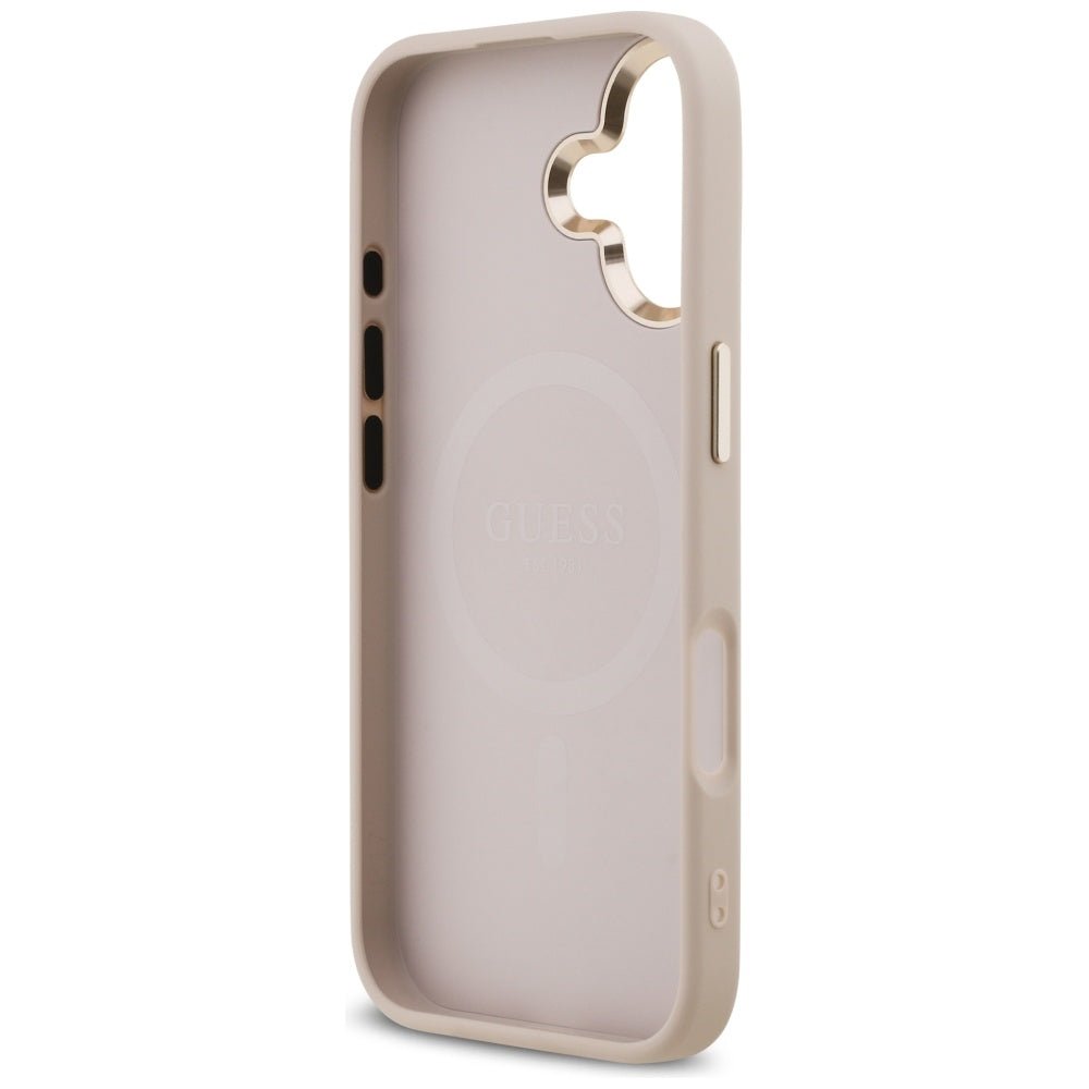 Guess iPhone 17 - 4G Triangle Strass Logo MagSafe - Σκληρή Θήκη με Επένδυση Συνθετικού Δέρματος - Pink / Gold - GUHMP17SP4GTDGMP