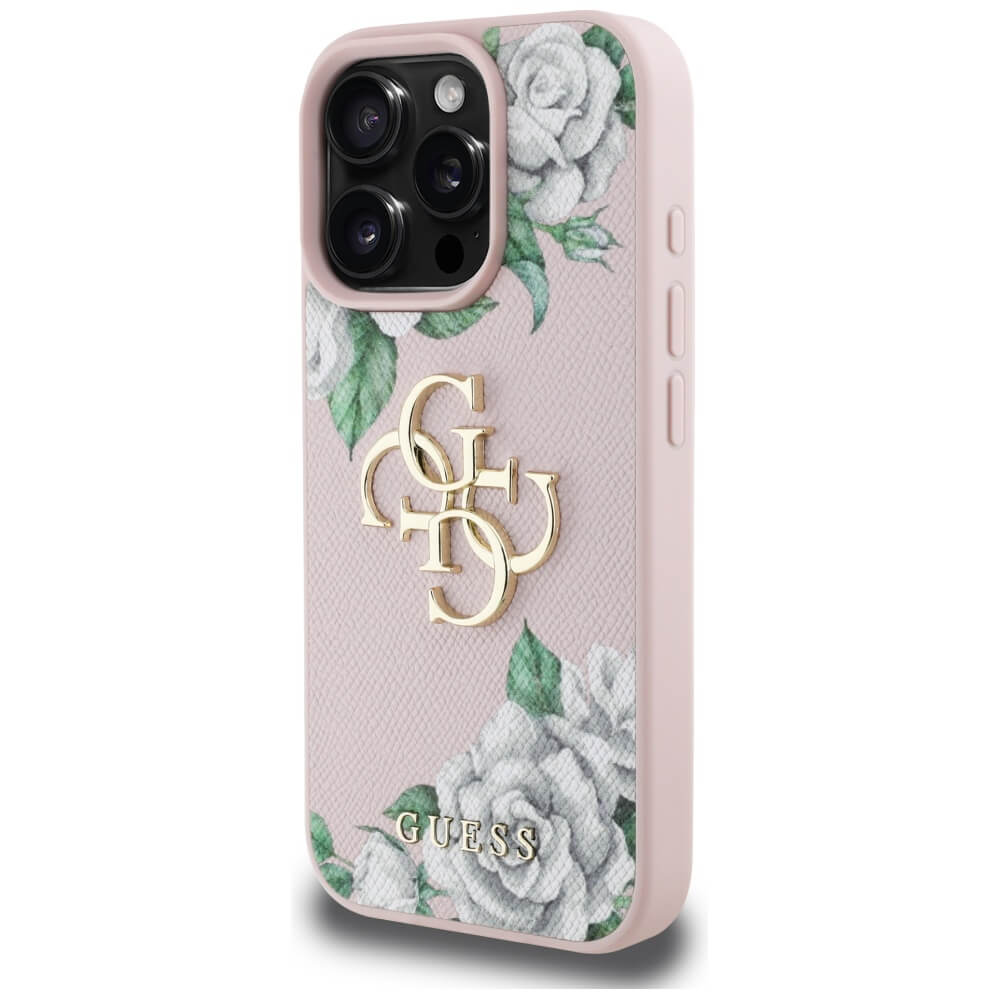 Guess iPhone 16 Pro Max - Grained Roses Big 4G Logo - Σκληρή Θήκη με Επένδυση από Οικολογικό Δέρμα - Pink - GUHCP16XPGROP4MP