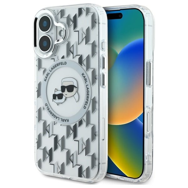 Karl Lagerfeld iPhone 16 - IML Monogram Karl and Choupette Head MagSafe - Σκληρή Θήκη με Πλαίσιο Σιλικόνης - Clear - KLHMP16SHMCKMHT