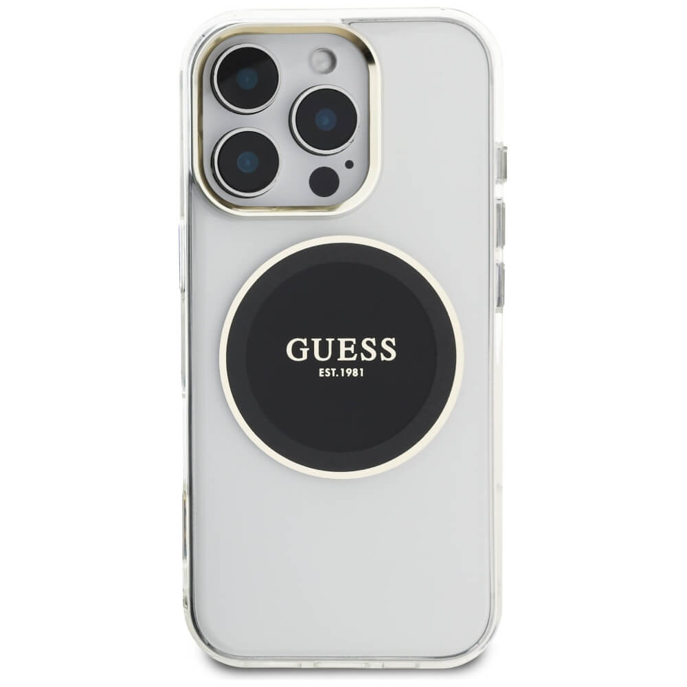Guess iPhone 16 Pro IML Metal Colored Circle Classic Logo MagSafe Σκληρή Θήκη με Πλαίσιο Σιλικόνης και MagSafe - Black - GUHMP16LHTDRCEDK