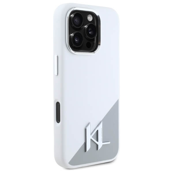 Karl Lagerfeld iPhone 16 Pro - Silicone Initial Metal Logo - MagSafe Σκληρή Θήκη με Πλαίσιο Σιλικόνης - White - KLHMP16LSCMKMPCH