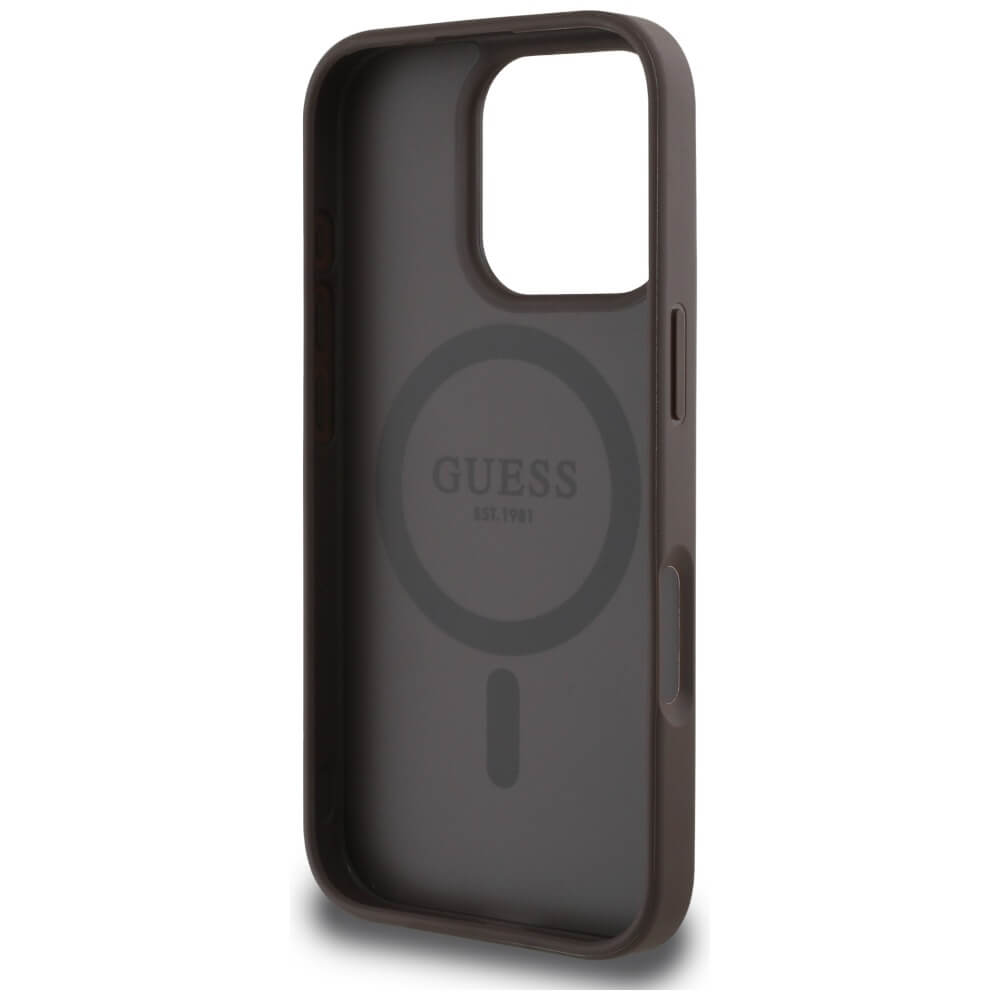 Guess iPhone 16 Pro - 4G Circle Classic Logo - MagSafe Θήκη με Επένδυση Συνθετικού Δέρματος - Brown - GUHMP16LP4PGRSGW