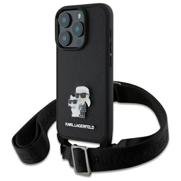 Karl Lagerfeld iPhone 16 Pro Max - Saffiano Karl and Choupette Metal Pin CBDY Strap - Σκληρή Θήκη με Επένδυση Συνθετικού Δέρματος με Πλαίσιο Σιλικόνης και Λουράκι - Black - KLHCP16XSAKCPBK