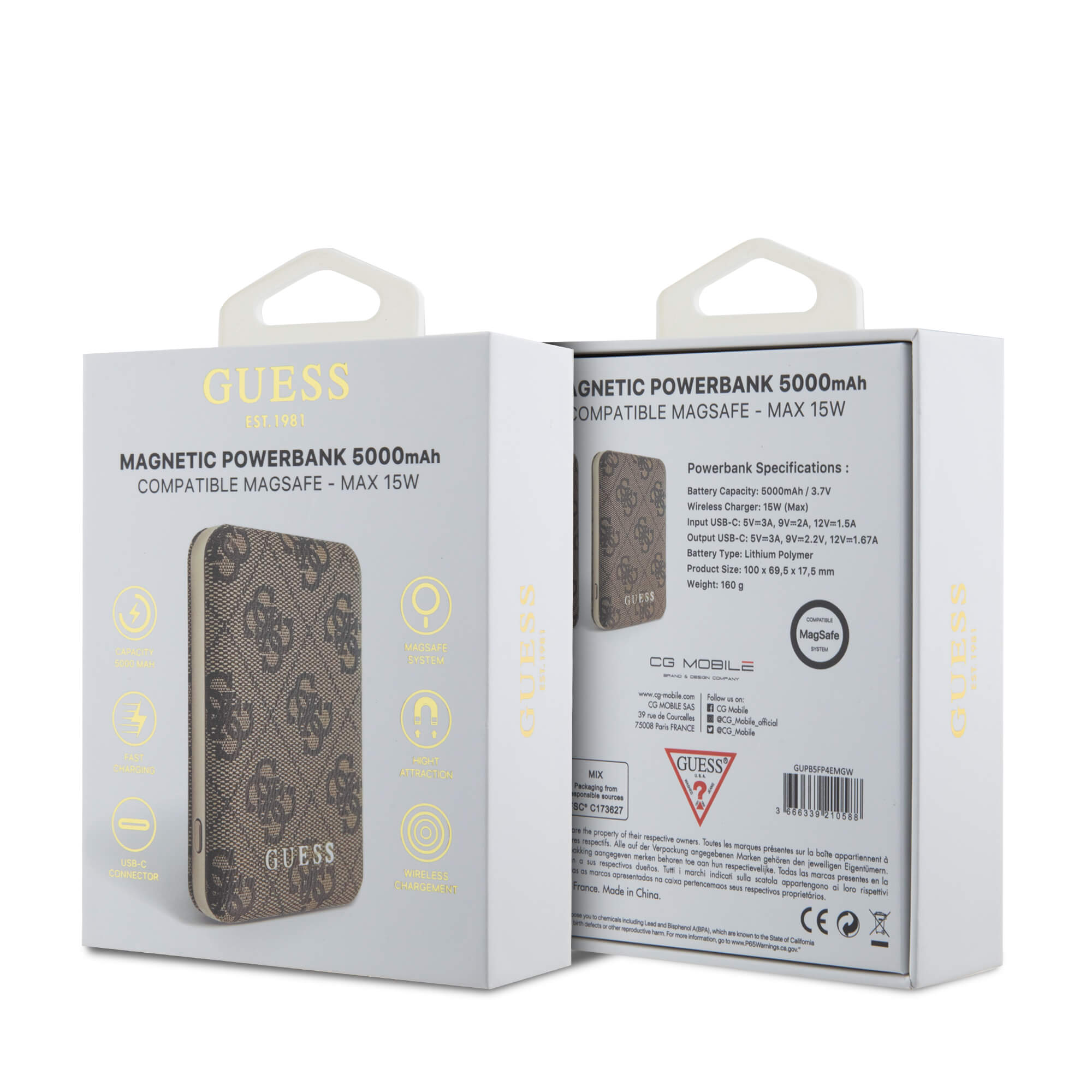 Guess PowerBank 15W - MagSafe 4G Leather Metal Logo - 5000 mAh - Brown - GUPB5FP4EMGW