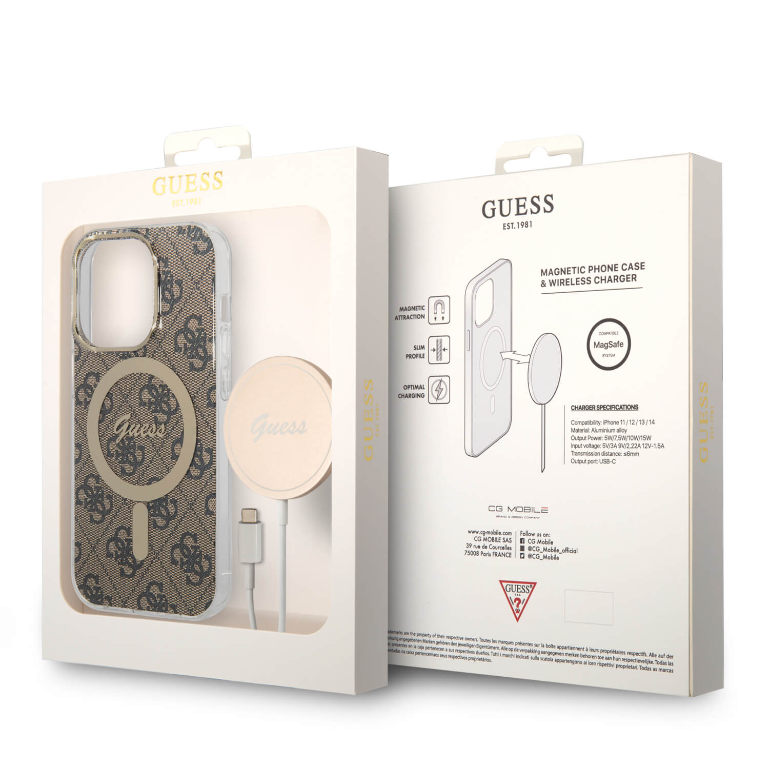 Guess iPhone 14 Pro Max - Bundle Pack MagSafe - Σετ Σκληρή Θήκη με Πλαίσιο Σιλικόνης και Ασύρματος Φορτιστής MagSafe - Design 4G and Gold - Brown - GUBPP14XH4EACSW