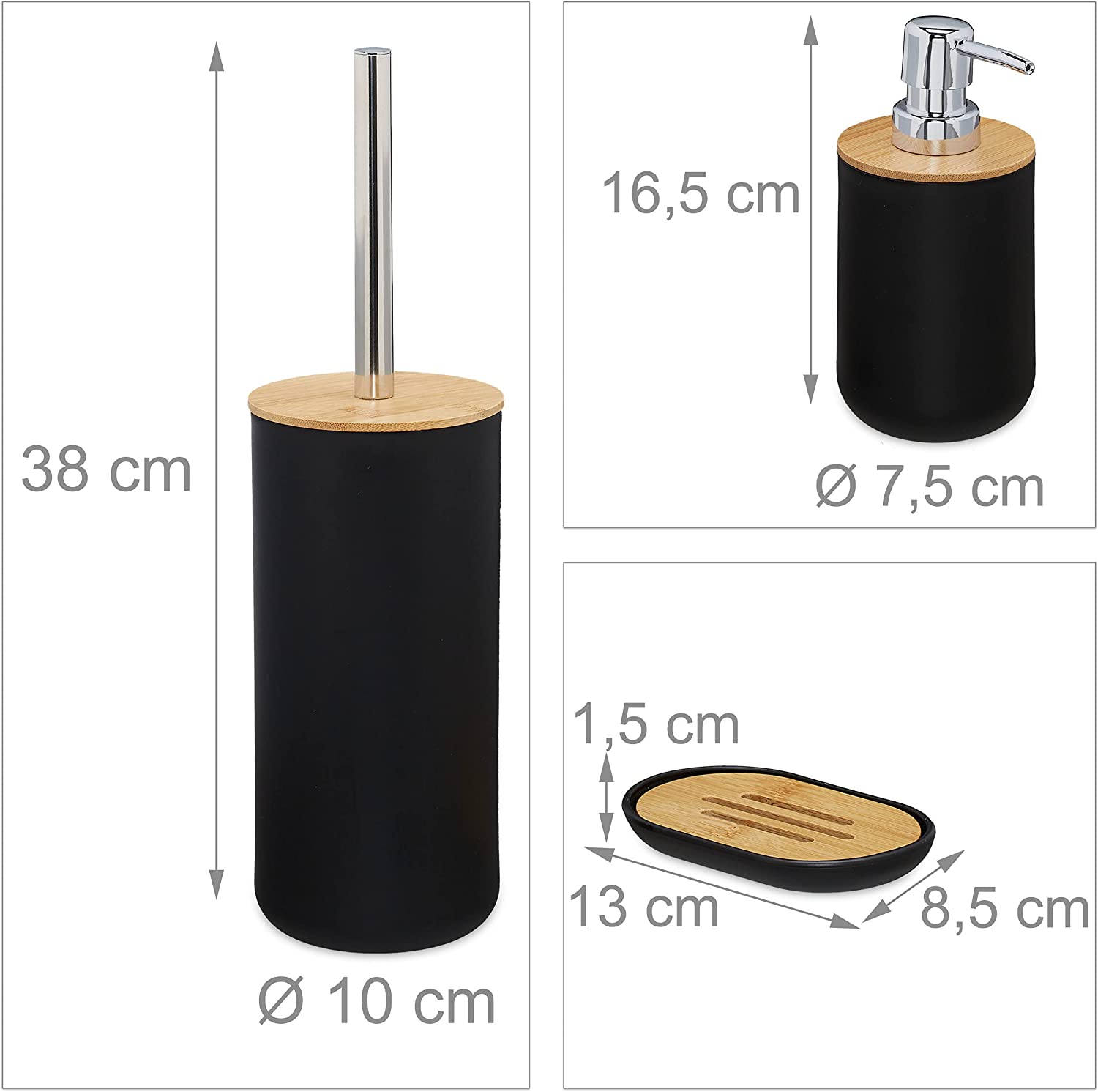 Relaxdays Αξεσουάρ Μπάνιου Σετ 6 Τεμαχίων από Πλαστικό και Μπαμπού - Black / Light Brown - 4052025886516