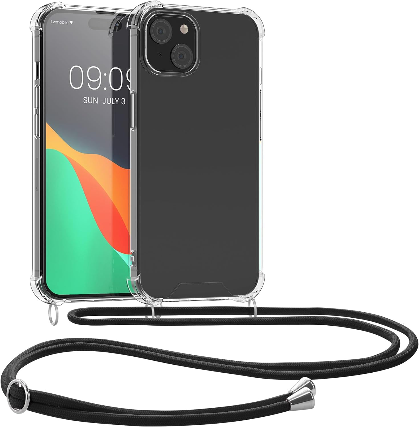 KW iPhone 15 Θήκη Σιλικόνης TPU με Λουράκι - Διάφανη / Black - 62033.01