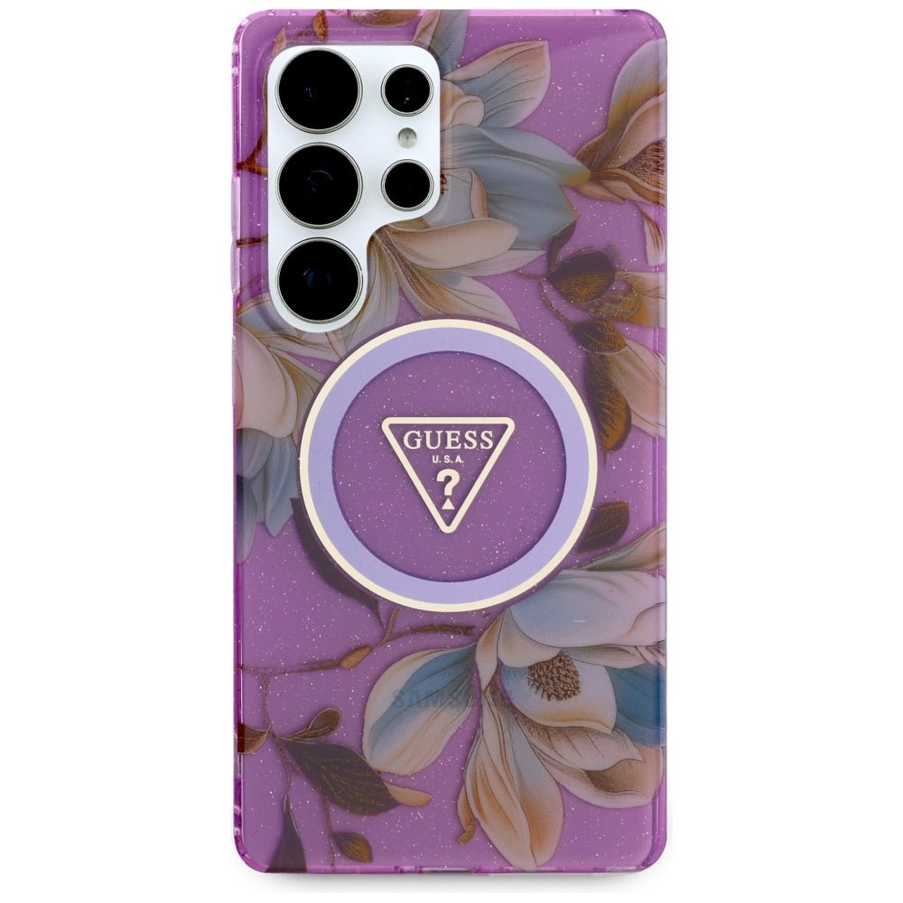 Guess Samsung Galaxy S25 Ultra - Glitter Flowers Triangle Buttons MagSafe - Σκληρή Θήκη με Πλαίσιο Σιλικόνης - Purple - GUHMS25LHFLPEDU