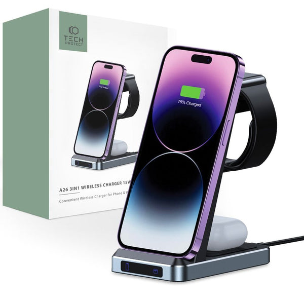 Tech - Protect QI15W - A26 3in1 Ασύρματος Φορτιστής για Smartphones, Apple Watch και Airpods / Samsung Galaxy Buds 15W - Black