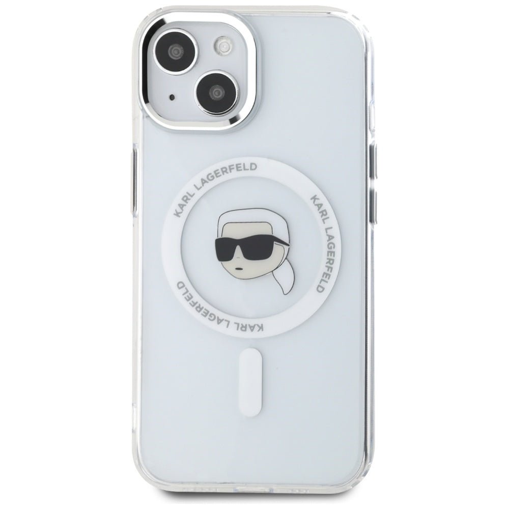 Karl Lagerfeld iPhone 15 Plus - IML Metal Karl Head - MagSafe Σκληρή Θήκη με Πλαίσιο Σιλικόνης - White - KLHMP15MHLSKIH