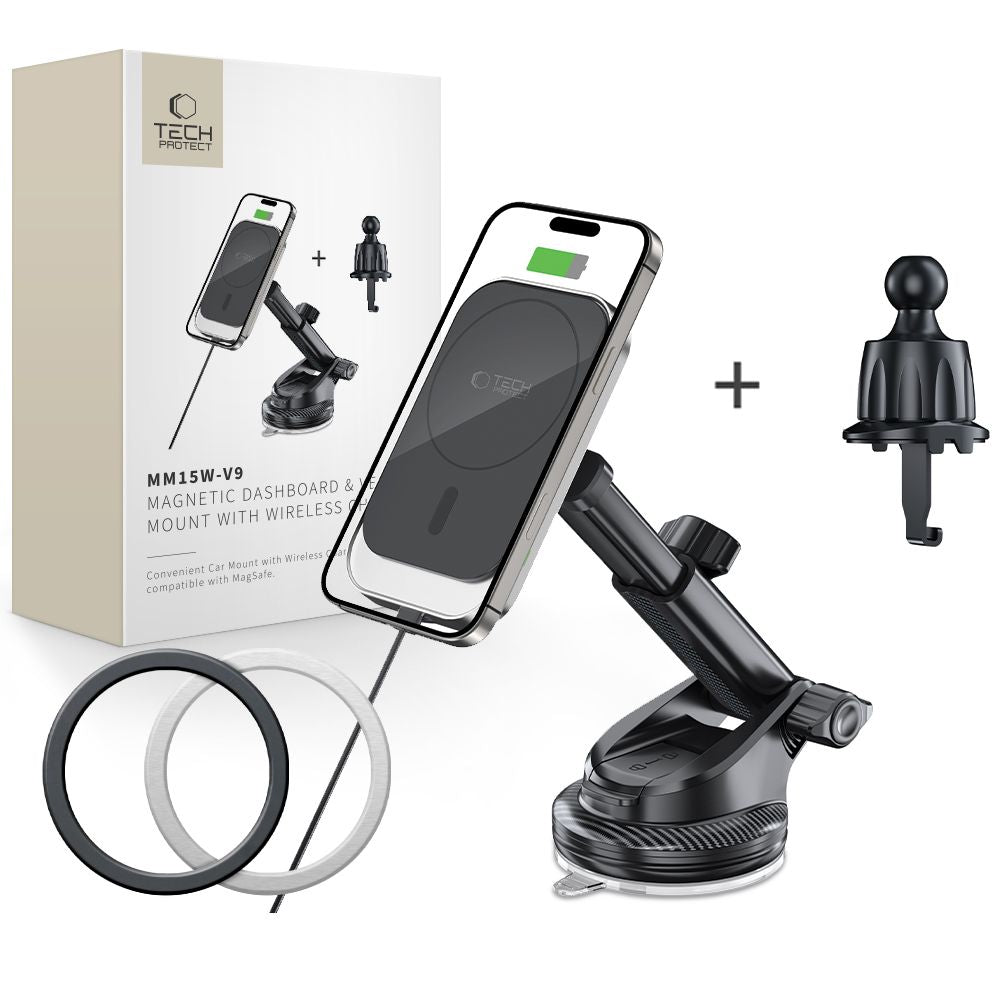 Tech - Protect MM15W - V9 Μαγνητική Βάση για το Ταμπλό και τον Αεραγωγό του Αυτοκινήτου με Ασύρματη Φόρτιση MagSafe 15W - Black