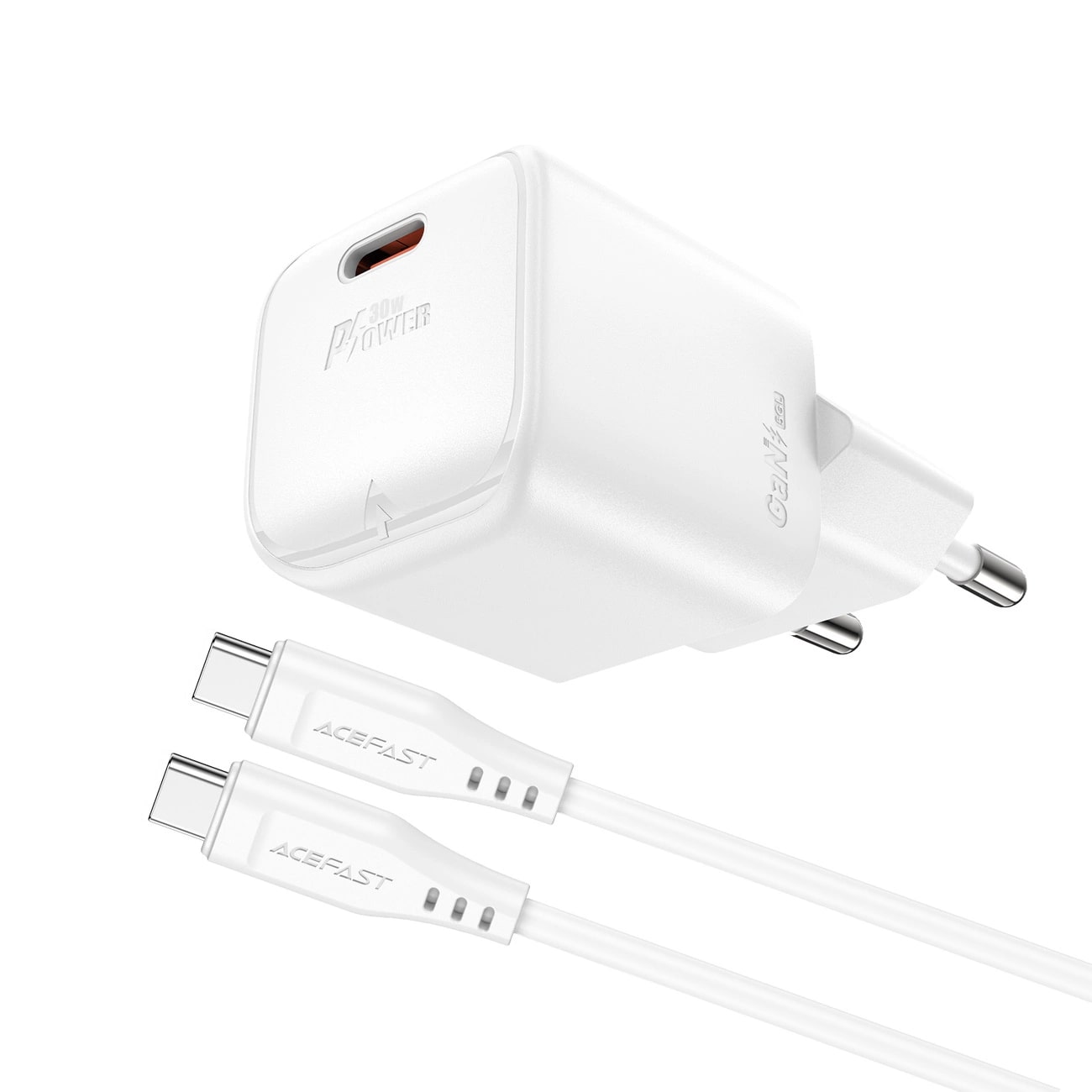 Acefast A77 Mini PD 30W GaN Οικιακός Φορτιστής Γρήγορης Φόρτισης με Θύρα Type - C και Καλώδιο Type - C to Type - C - White