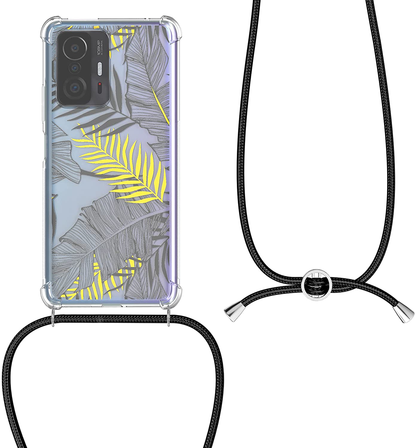 KW Xiaomi 11T / 11T Pro Θήκη Σιλικόνης TPU με Λουράκι Design Palm Leaves - Gold / Grey / Διάφανη - 56522.01