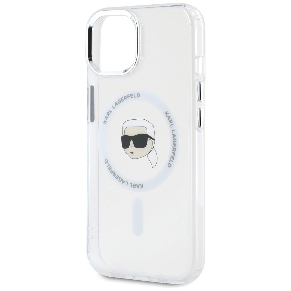Karl Lagerfeld iPhone 15 Plus - IML Metal Karl Head - MagSafe Σκληρή Θήκη με Πλαίσιο Σιλικόνης - White - KLHMP15MHLSKIH