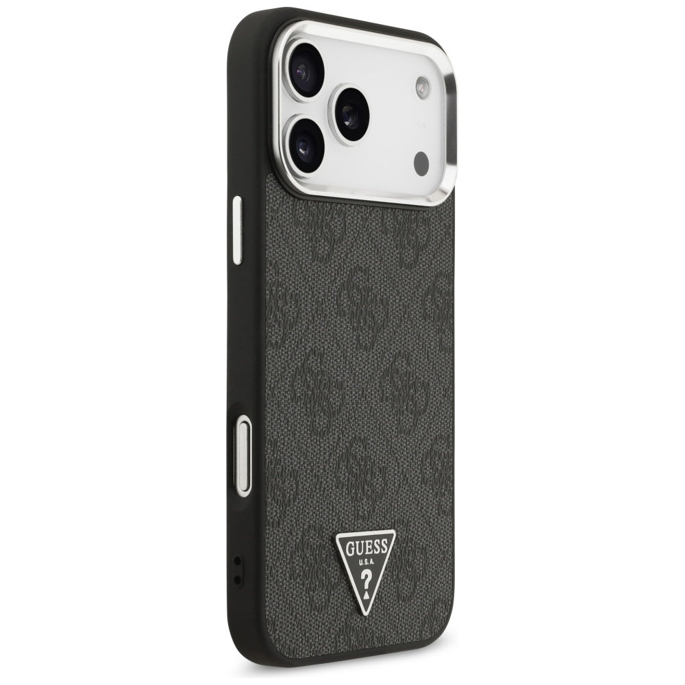 Guess iPhone 17 Pro Max - 4G Triangle Logo MagSafe - Σκληρή Θήκη με Πλαίσιο Σιλικόνης και Επένδυση Συνθετικού Δέρματος - Black / Silver - GUHMP17XP4TSRCMK