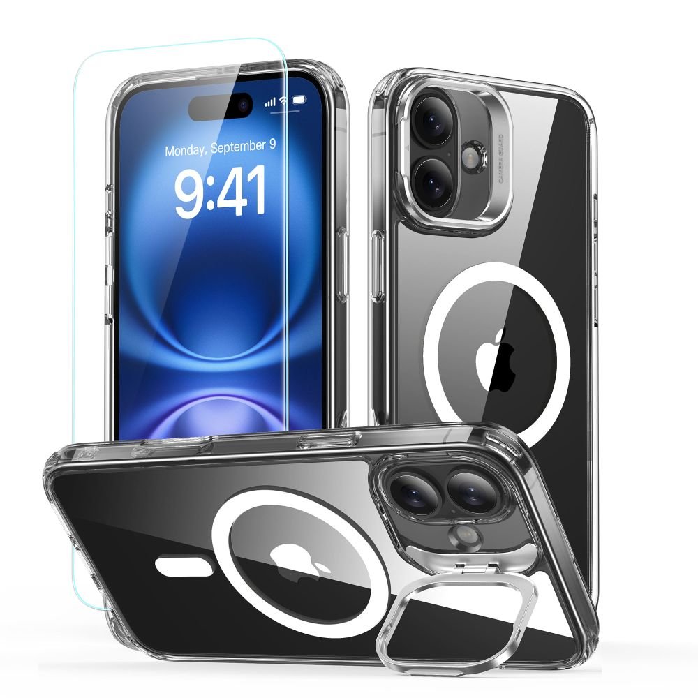 ESR iPhone 16 Classic Hybrid Kickstand Halolock MagSafe Σκληρή Θήκη με Πλαίσιο Σιλικόνης και Αντιχαρακτικό Γυαλί Οθόνης - Διάφανη