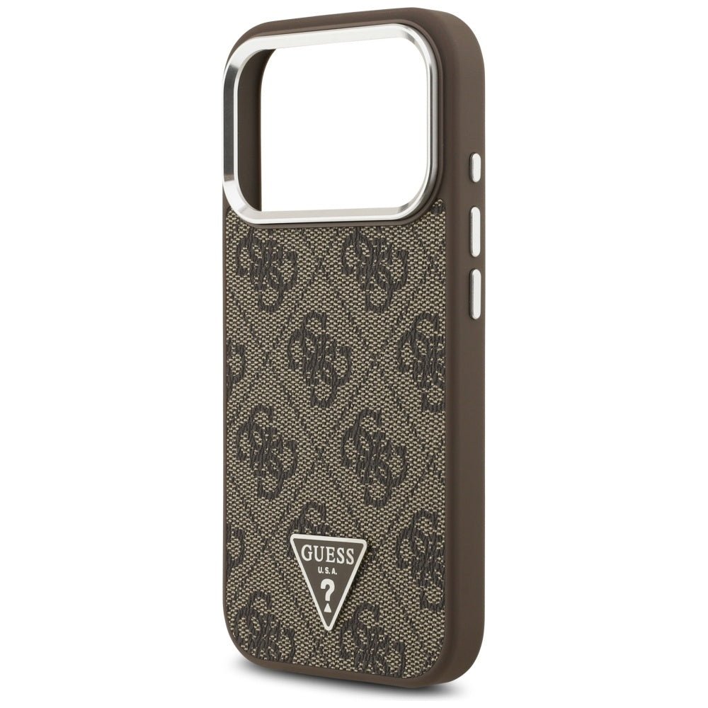 Guess iPhone 17 Pro - 4G Triangle Logo MagSafe - Σκληρή Θήκη με Πλαίσιο Σιλικόνης και Επένδυση Συνθετικού Δέρματος - Brown / Silver - GUHMP17LP4TSRCMW