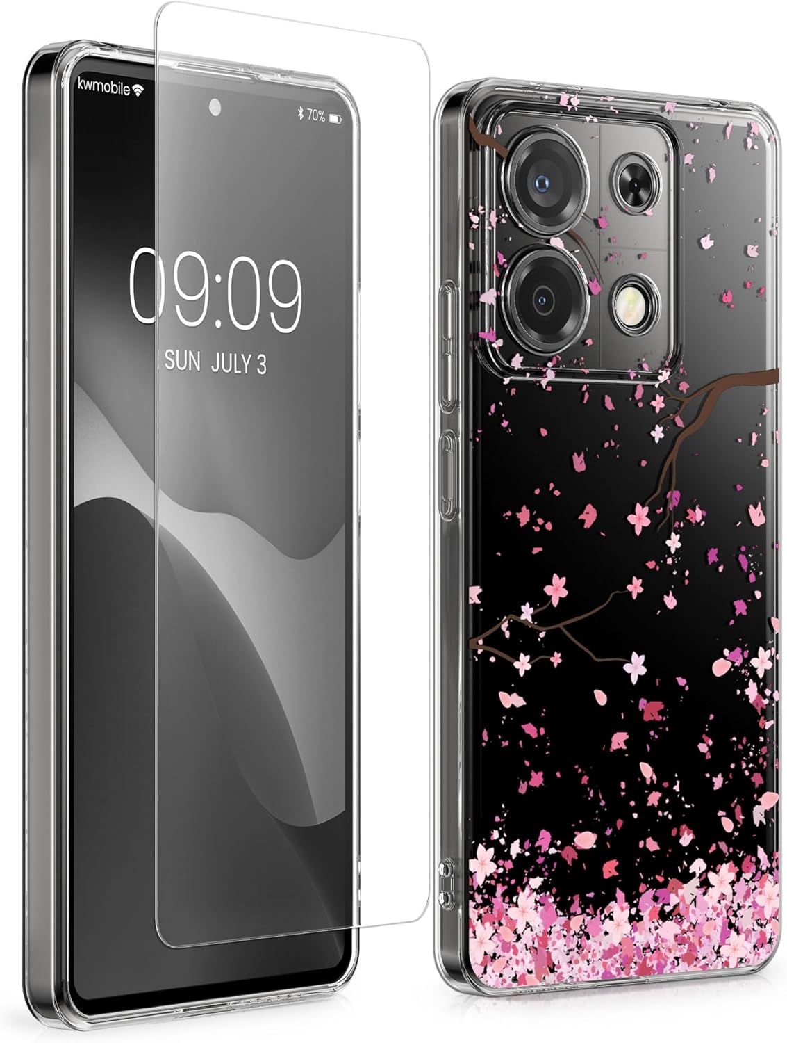 KW Xiaomi Redmi Note 13 Pro 5G / Poco X6 5G Θήκη Σιλικόνης TPU με Αντιχαρακτικό Γυαλί - Design Cherry Blossoms Petals - Pink / Dark Brown / Διάφανη