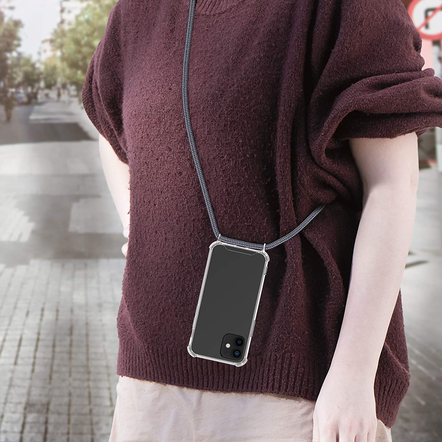 KW iPhone 12 / iPhone 12 Pro Θήκη Σιλικόνης TPU με Λουράκι - Διάφανη / Grey - 52730.22