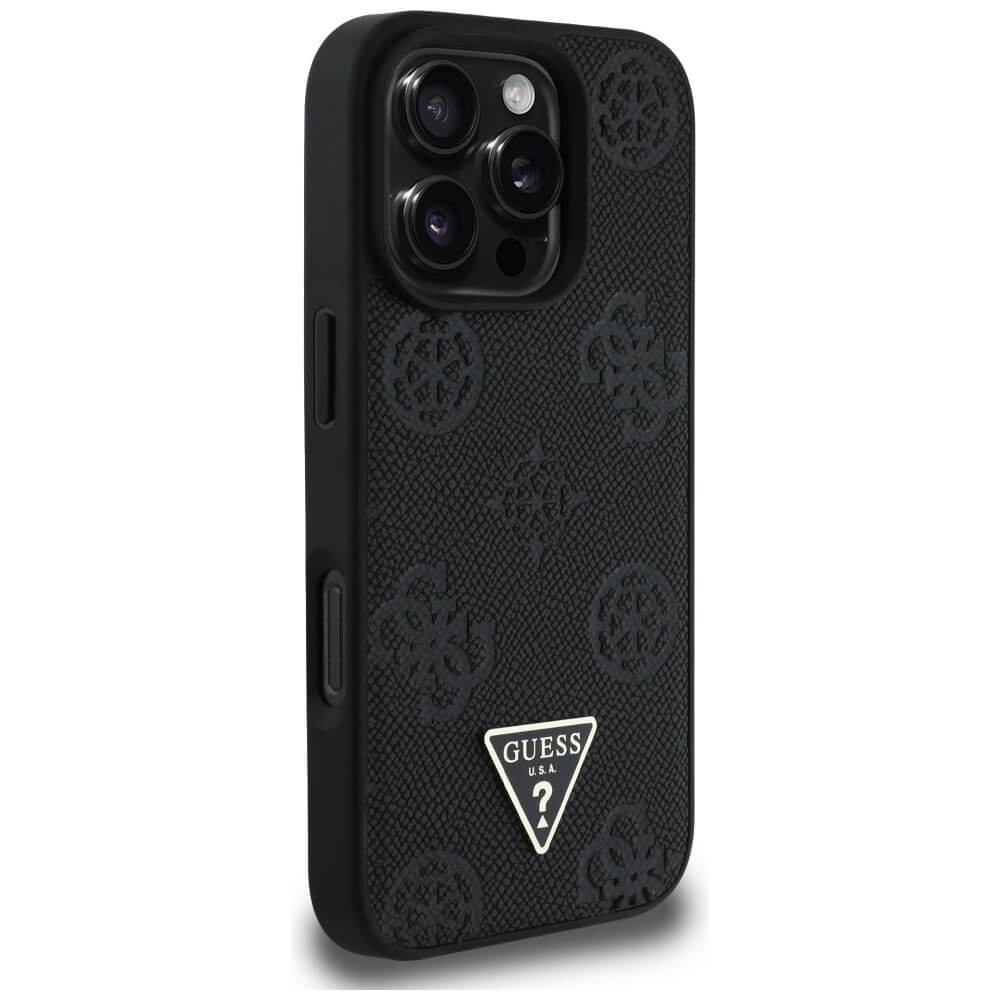 Guess iPhone 16 Pro Max - Grained Hot Stamp Peony Triangle Logo - MagSafe Σκληρή Θήκη με Επένδυση Συνθετικού Δέρματος - Black - GUHMP16XPGBTMK