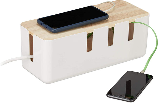 Relaxdays Πλαστικό Κουτί Καλωδίων με Καπάκι από Bamboo - White / Natural - 4052025306991