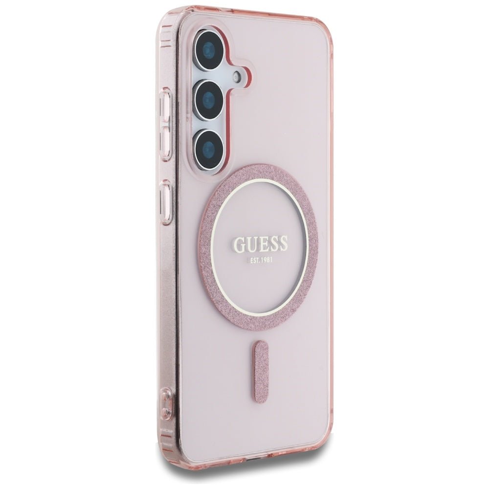 Guess Samsung Galaxy S25 - Glitter Circle Classic Logo - MagSafe Σκληρή Θήκη με Πλαίσιο Σιλικόνης - Pink - GUHMS25SHFGEREP