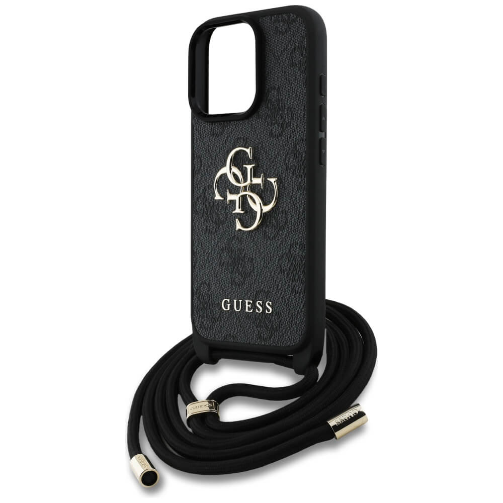 Guess iPhone 16 Pro Max - 4G Big Logo Cord Stap Crossbody - Θήκη με Επένδυση Συνθετικού Δέρματος και Λουράκι - Black - GUHCP16XP4GMGCRK