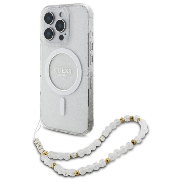 Guess iPhone 16 Pro Max - IML Glitter With Pearl Strap - MagSafe Σκληρή Θήκη με Πλαίσιο Σιλικόνης και Λουράκι - Διάφανη - GUHMP16XHGCRELST