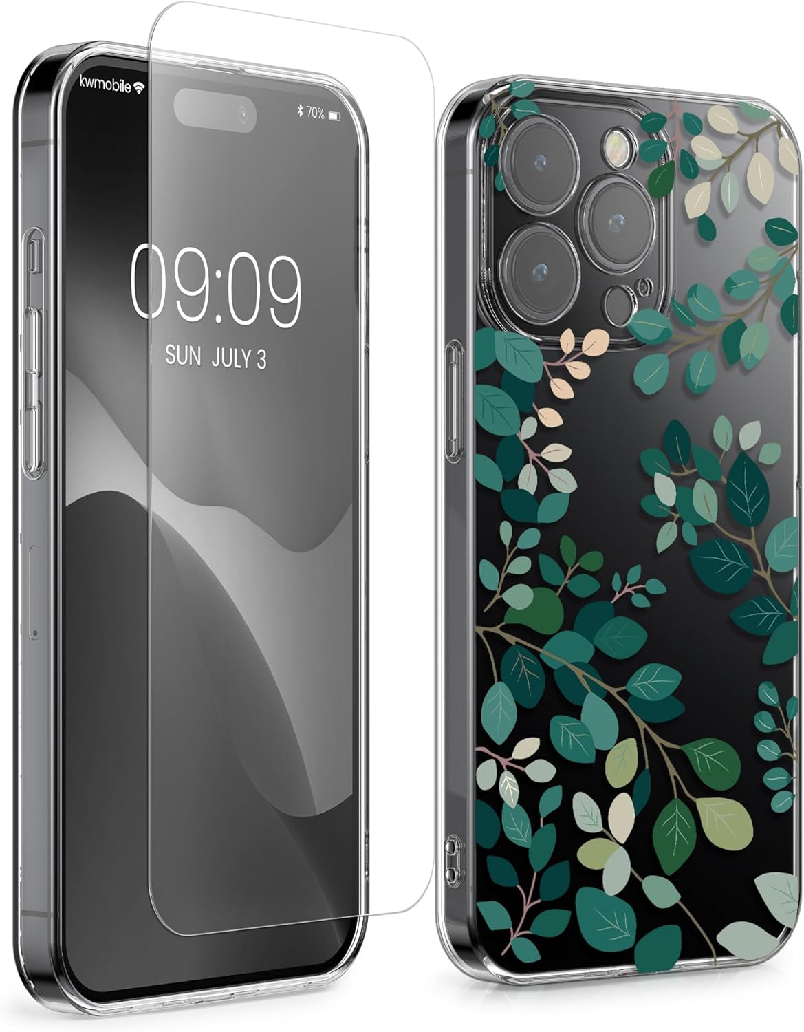 KW iPhone 15 Pro Θήκη Σιλικόνης TPU με Αντιχαρακτικό Γυαλί - Design Spring Leaves - Green / Διάφανη