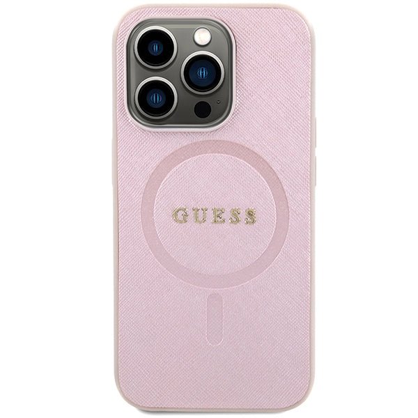 Guess iPhone 15 Pro Max Saffiano MagSafe Σκληρή Θήκη με Πλαίσιο Σιλικόνης και MagSafe - Pink - GUHMP15XPSAHMCP
