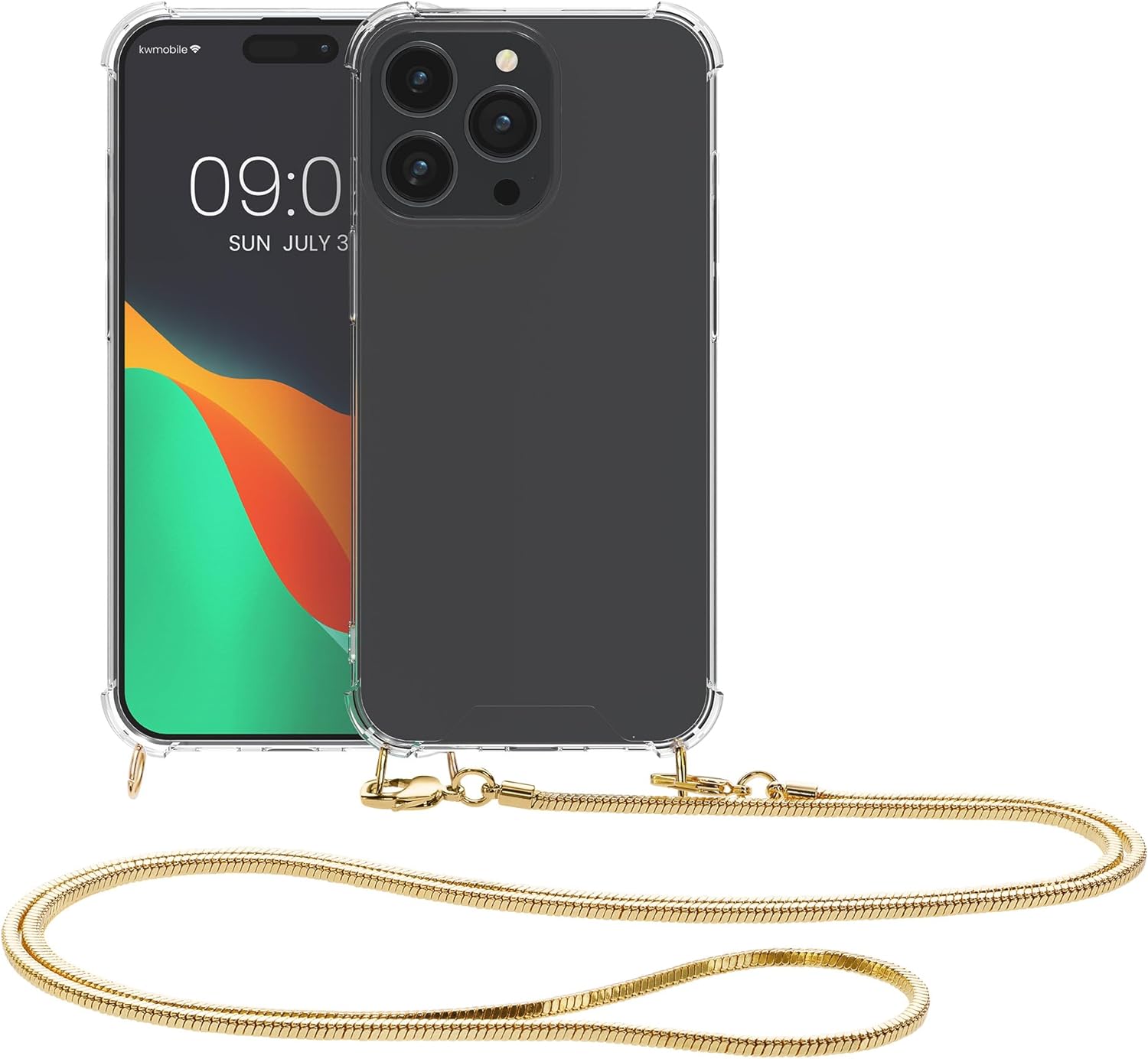 KW iPhone 15 Pro Max Θήκη Σιλικόνης TPU με Μεταλλικό Λουράκι - Διάφανη / Gold - 62032.21