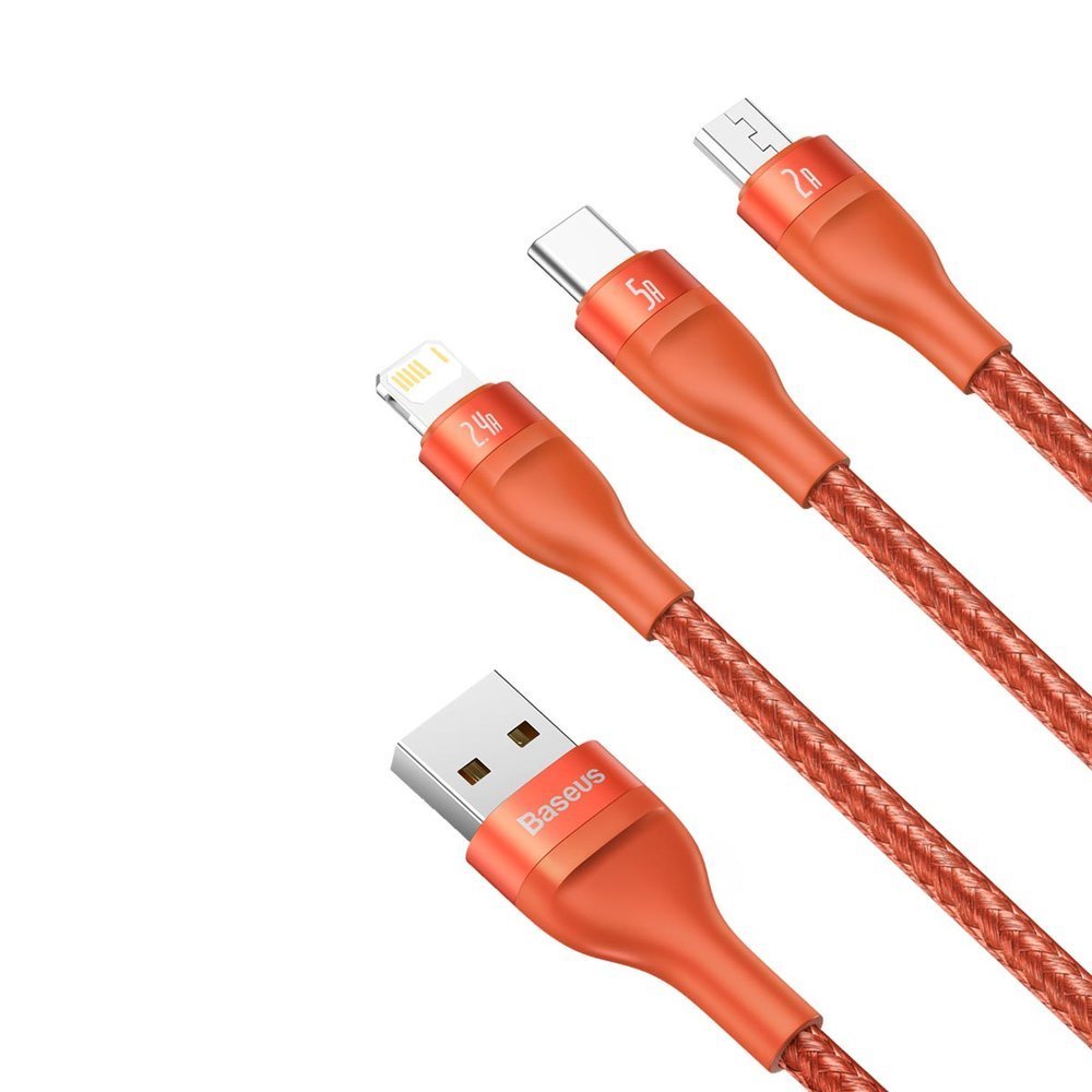 Baseus Flash Series 3in1 - Καλώδιο Γρήγορης Φόρτισης και Δεδομένων 5A 40W 1.2m - Micro USB / Lightning / Type - C - Orange - CA1T3 - 07