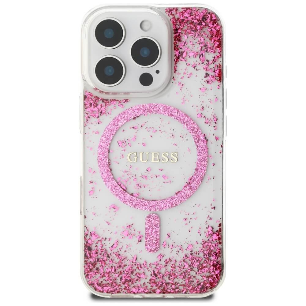 Guess iPhone 16 Pro - HC Resin Bottom Glitter - MagSafe Σκληρή Θήκη με Πλαίσιο Σιλικόνης - Pink - GUHMP16LRGRGEP