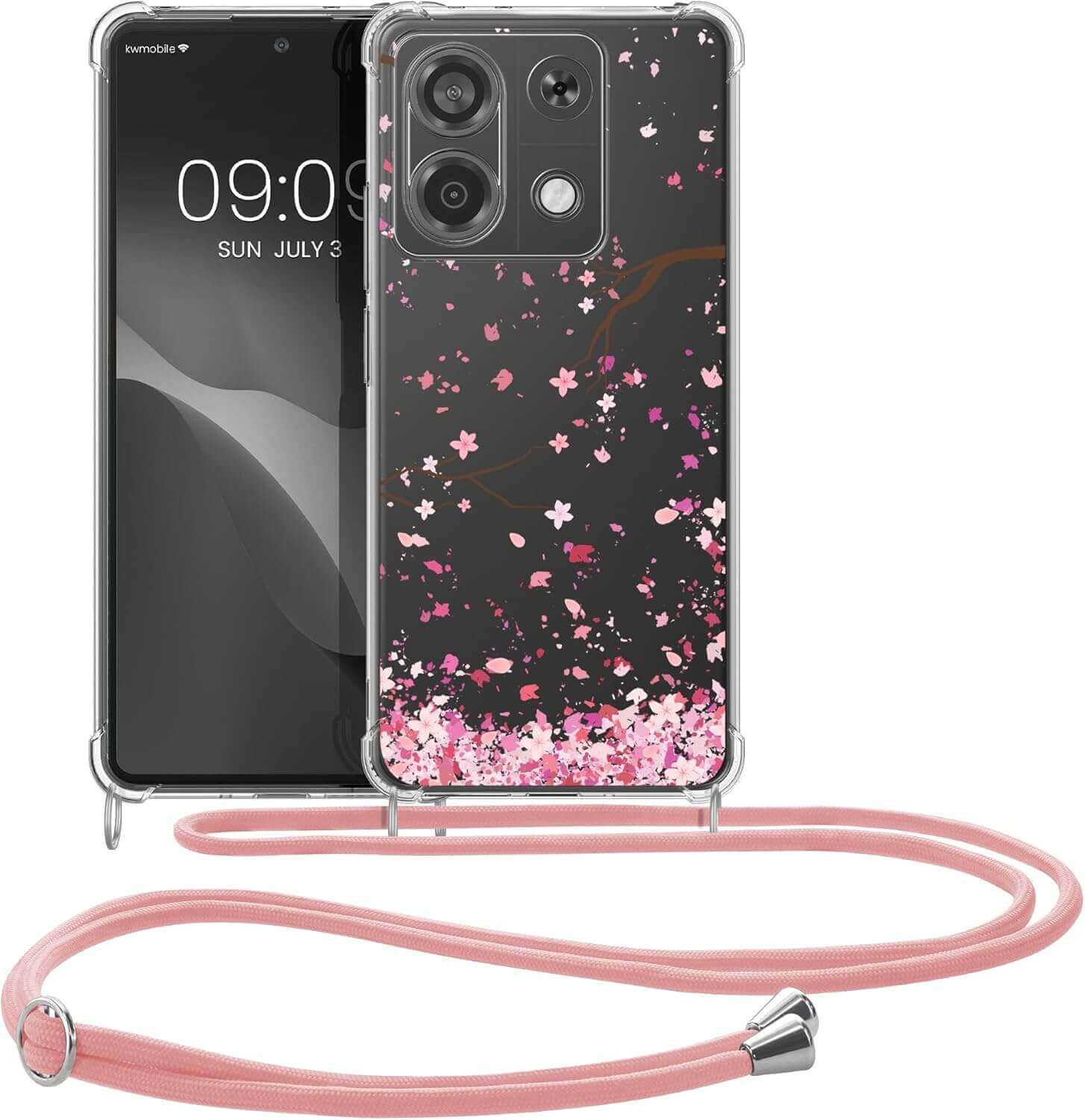KW Xiaomi Redmi Note 13 Pro 5G / Poco X6 5G Θήκη Σιλικόνης TPU με Λουράκι - Design Cherry Blossom Leaves - Pink / Dark Brown / Διάφανη