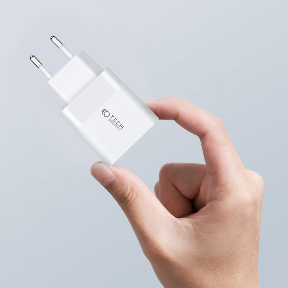 Tech - Protect C20W PD20W Οικιακός Φορτιστής Γρήγορης Φόρτισης με 2 Θύρες Type - C και Καλώδιο Type - C to Lightning - White