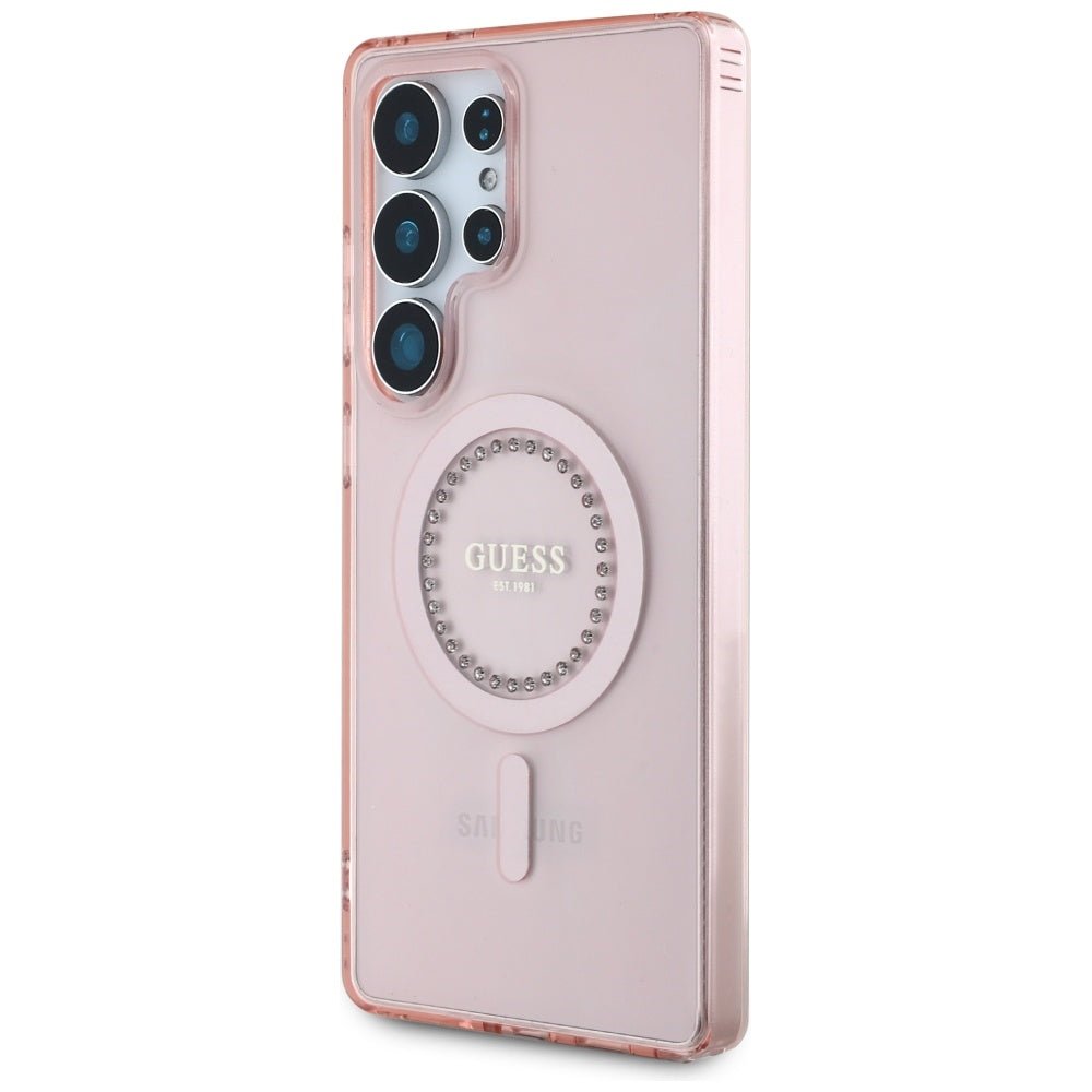 Guess Samsung Galaxy S25 Ultra - Rhinestones Printed Classic Logo - MagSafe Σκληρή Θήκη με Πλαίσιο Σιλικόνης - Pink - GUHMS25LPFTDTEP