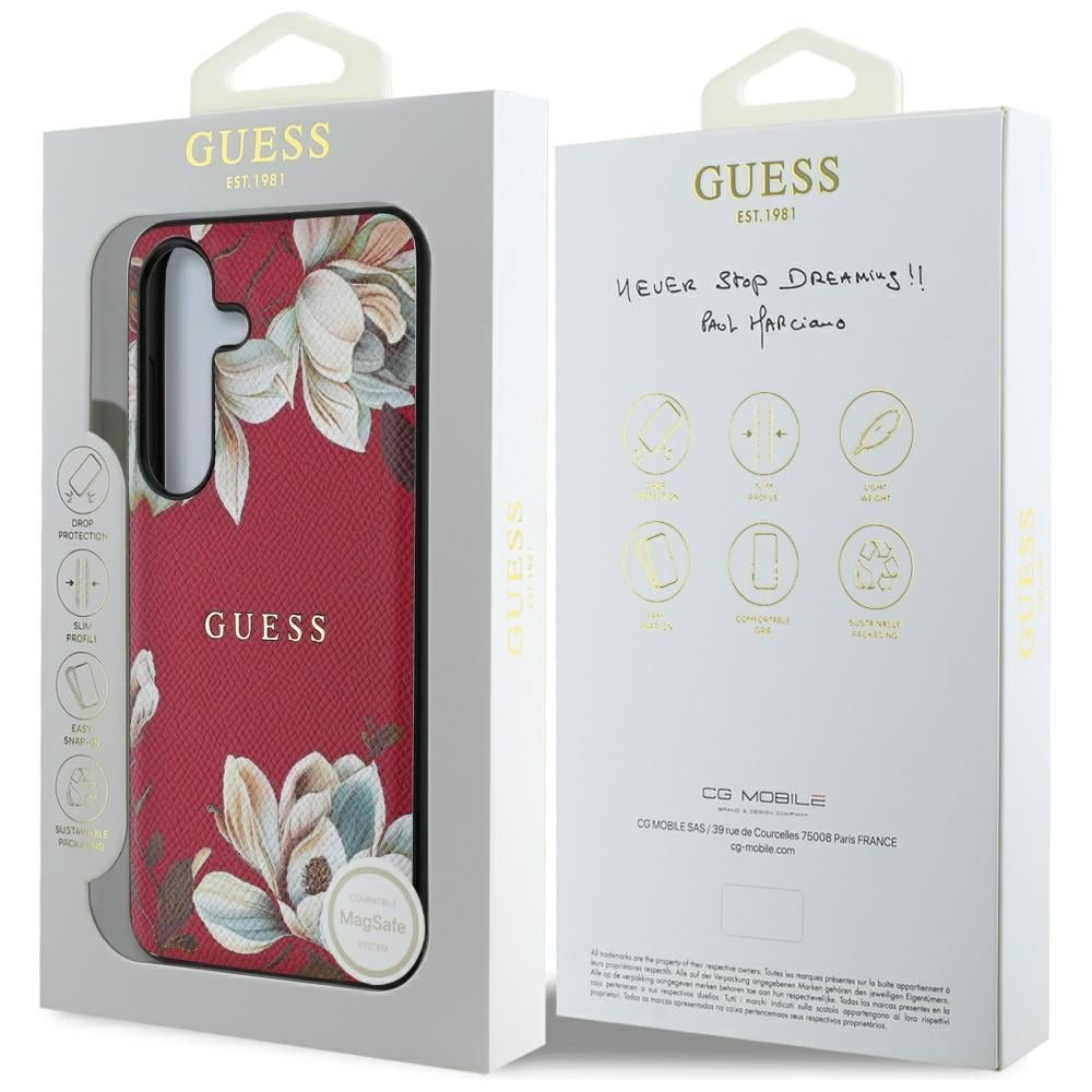 Guess Samsung Galaxy S25 - Grained Printed Flower Pattern - Θήκη με Επένδυση Συνθετικού Δέρματος και MagSafe - Fuchsia - GUHMS25SPGNMPLMF