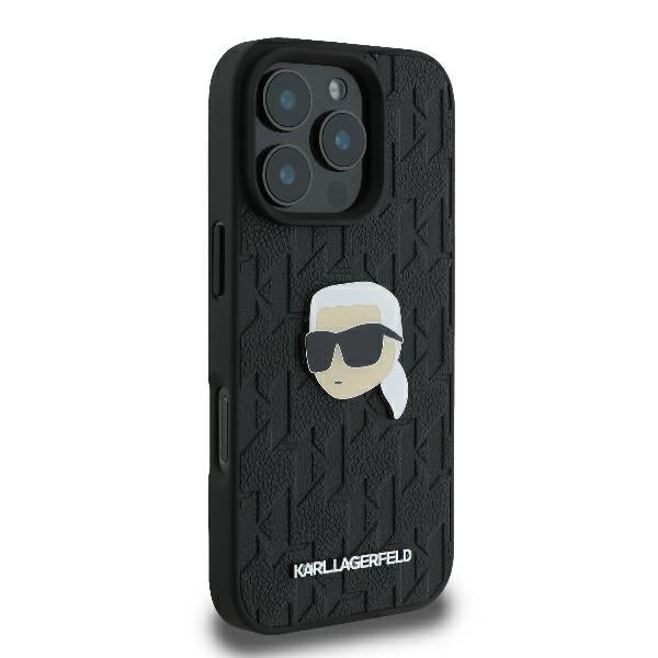 Karl Lagerfeld iPhone 16 Pro Max - Monogram Karl Head Pin Σκληρή Θήκη με Επένδυση Συνθετικού Δέρματος - Black - KLHCP16XPGKLKIPK