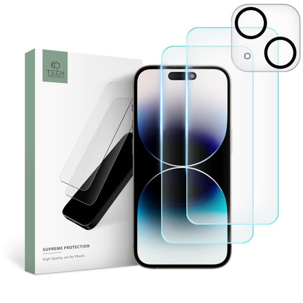 Tech - Protect iPhone 15 Supreme Set - Σετ με 2 Tempered Glass Αντιχαρακτικά Γυαλιά Οθόνης και 1 Αντιχαρακτικό Γυαλί για την Κάμερα - Διάφανα
