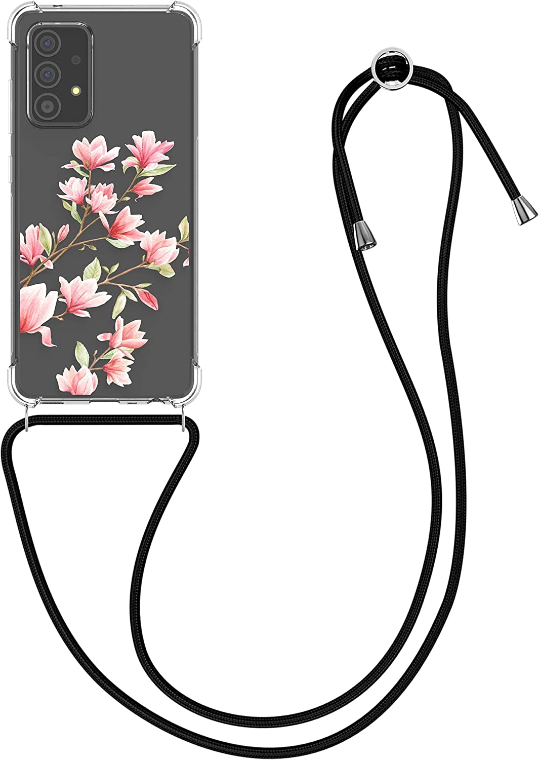 KW Samsung Galaxy A52 / A52 5G / A52s 5G Θήκη Σιλικόνης TPU με Λουράκι Design Magnolias - Διάφανη / White / Pink - 57733.02