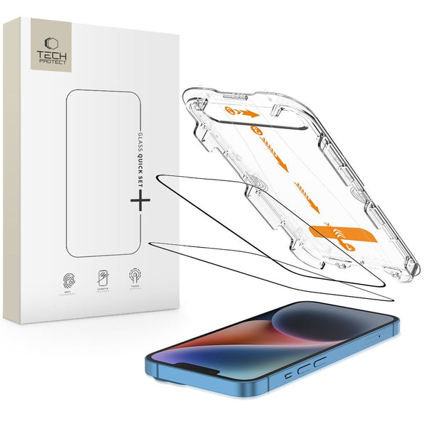 Tech - Protect iPhone 13 / 13 Pro / 14 / 16E - Quick Set+ - Σετ με 2 Full Screen Αντιχαρακτικά Γυαλιά Οθόνης και Οδηγό Τοποθέτησης - Black