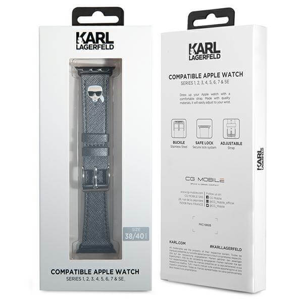 Karl Lagerfeld Λουράκι Apple Watch 2 / 3 / 4 / 5 / 6 / 7 / 8 / 9 / SE - 38 / 40 / 41 mm Saffiano Karl Heads από Συνθετικό Δέρμα - Silver - KLAWMOKHG