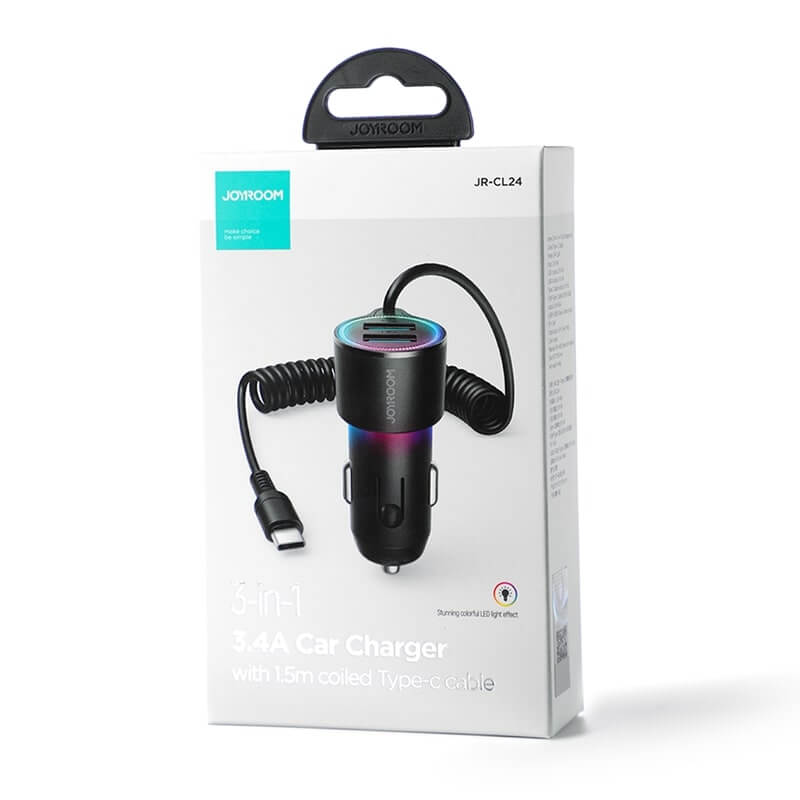 Joyroom JR - CL24 3in1 Fast Car Charger 17W Φορτιστής Αυτοκινήτου με 2 Θύρες USB και Καλώδιο Type - C 1.5m - Black