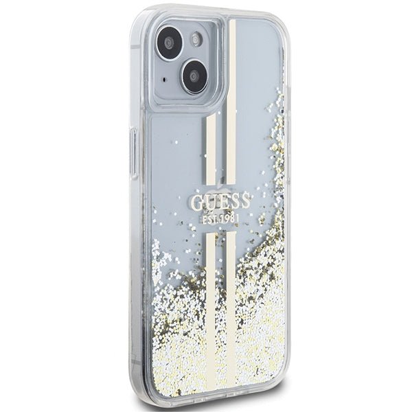 Guess iPhone 15 Liquid Glitter Gold Stripes Σκληρή Θήκη με Πλαίσιο Σιλικόνης - Διάφανη - GUHCP15SLFCSEGT