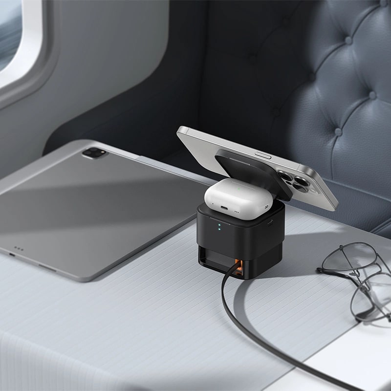 Baseus MagPro 2in1 Ασύρματος Φορτιστής MagSafe για Smartphones και Airpods με Ενσωματωμένο Καλώδιο USB - C - Black - BS - W531