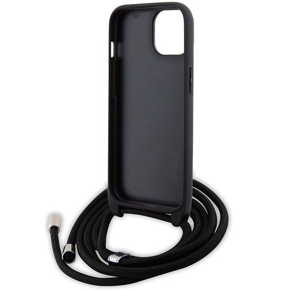 Karl Lagerfeld iPhone 15 / 14 / 13 - Σκληρή Θήκη με Επένδυση Συνθετικού Δέρματος και Λουράκι - Crossbody Saffiano Monogram Metal Pin Karl and Choupette - Black